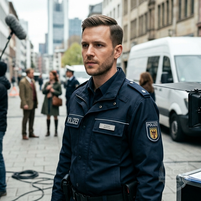 Fachdarsteller in Polizeiuniform bei einem Filmdreh mit Kamerateam