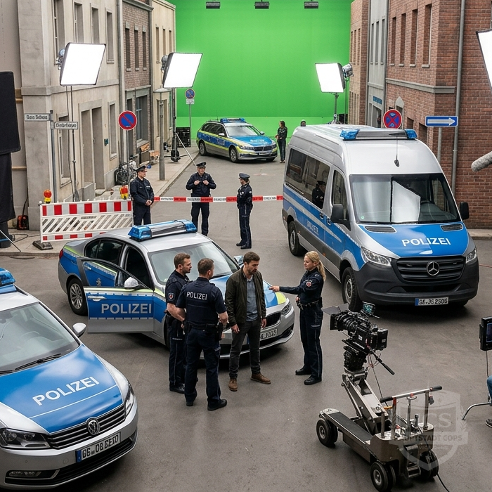 Filmset mit Polizeifahrzeugen, Greenscreen und Kamerateam