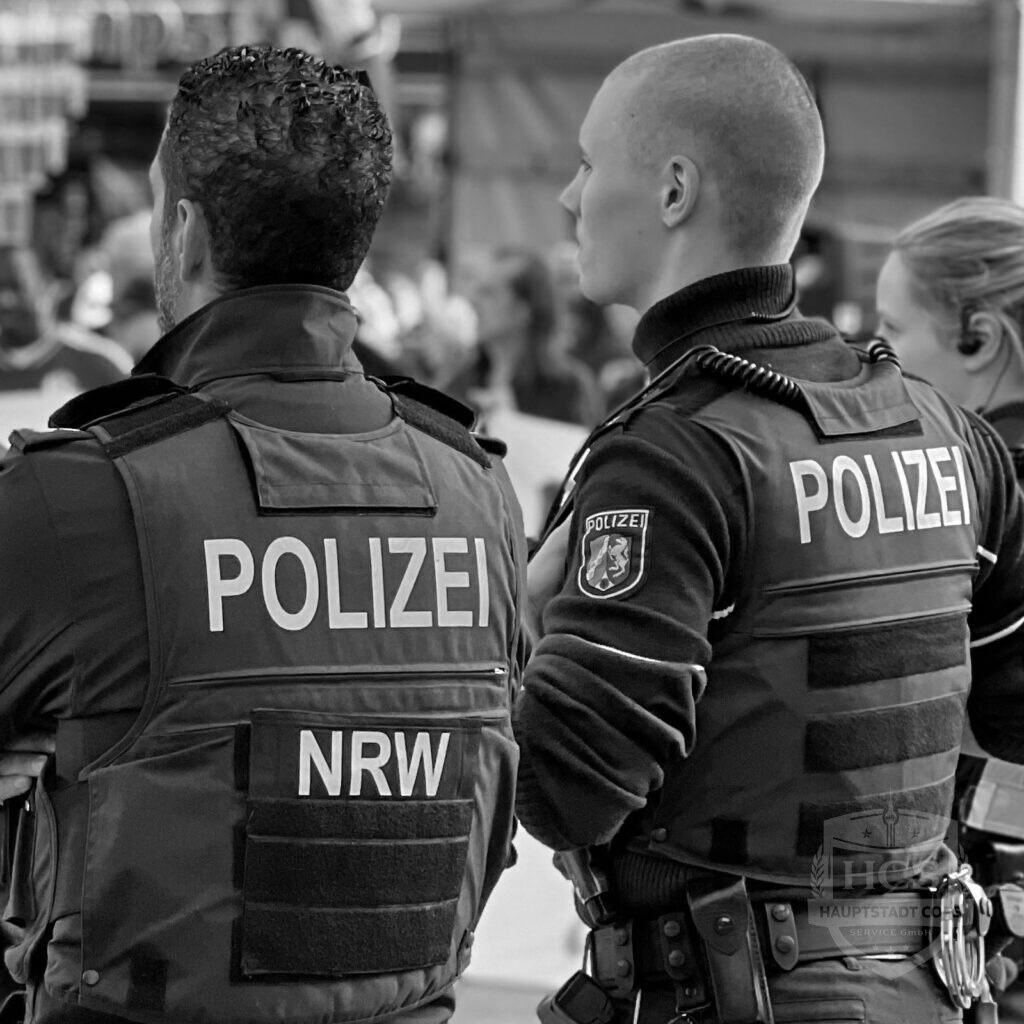 Zwei Polizeibeamte in Schutzwesten von hinten, Schwarz-Weiß-Aufnahme