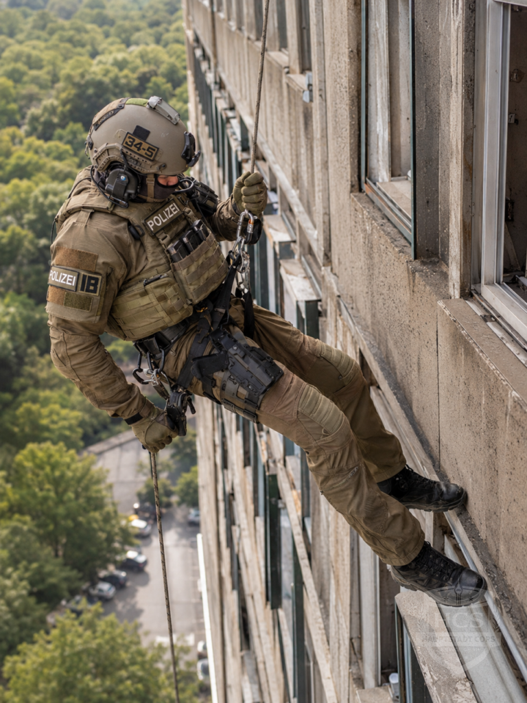 Polizeibeamtin in taktischer Schutzausrüstung seilt sich an einer Hausfassade ab