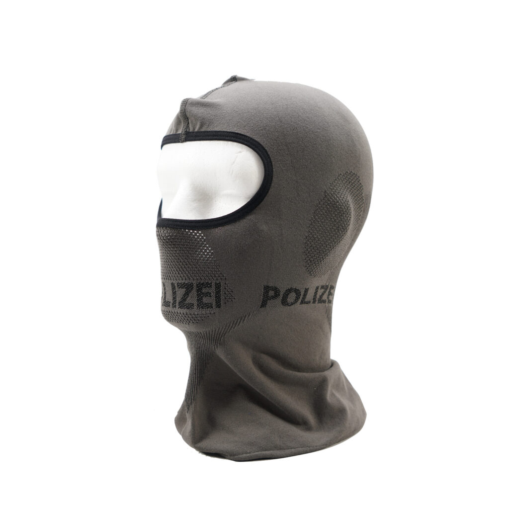 Sturmhaube steingrau,  Aufschrift Polizei 3