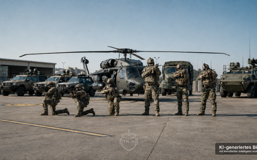 Spezialkräfte vor Transporthubschrauber und gepanzerten Fahrzeugen auf einem Flugfeld