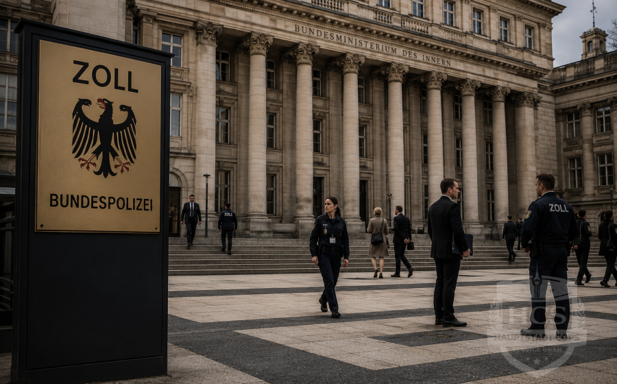 Hinweisschild von Zoll und Bundespolizei vor einem Behördengebäude