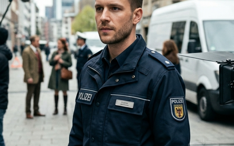 Fachdarsteller in Polizeiuniform bei einem Filmdreh mit Kamerateam