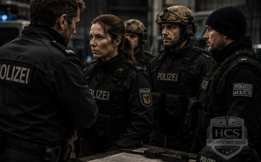 Team von Fachdarstellern in Polizeiausrüstung bei einer Einsatzbesprechung