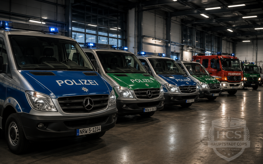 Polizei-, Feuerwehr- und Rettungsfahrzeuge aufgereiht in einer Fahrzeughalle