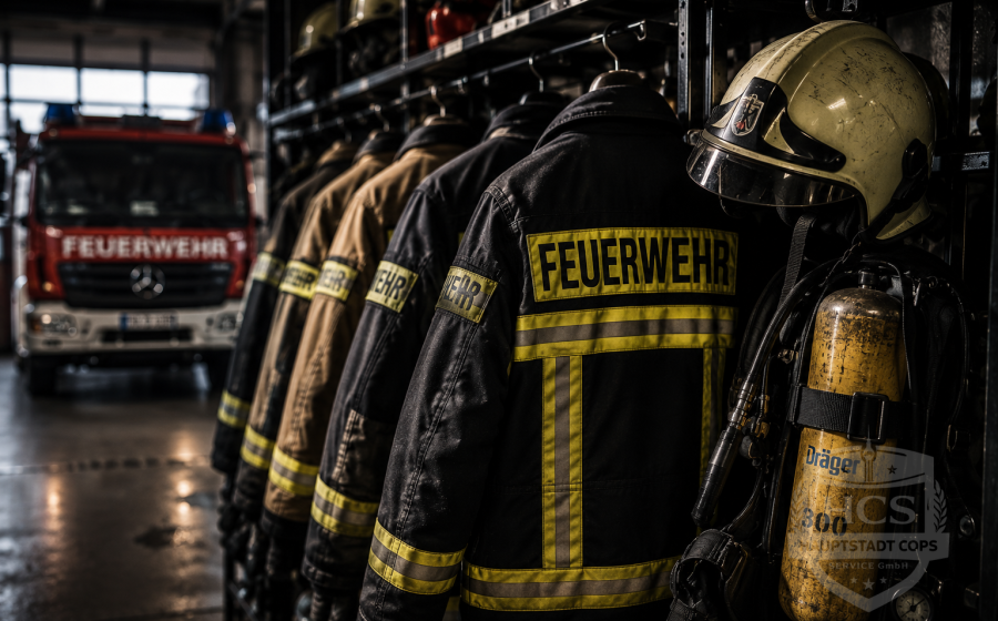 Feuerwehr-Einsatzkleidung, Helme und Atemschutzgeräte in einer Fahrzeughalle