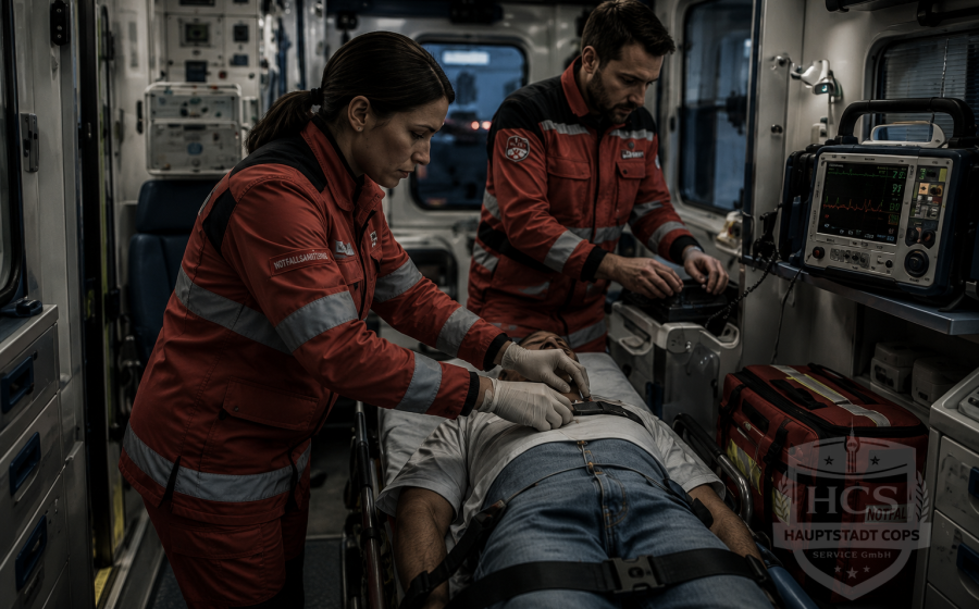 Notfallsanitäter versorgen einen Patienten im Rettungswagen