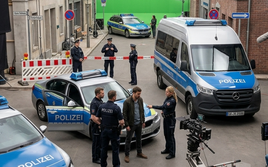 Filmset mit Polizeifahrzeugen, Greenscreen und Kamerateam