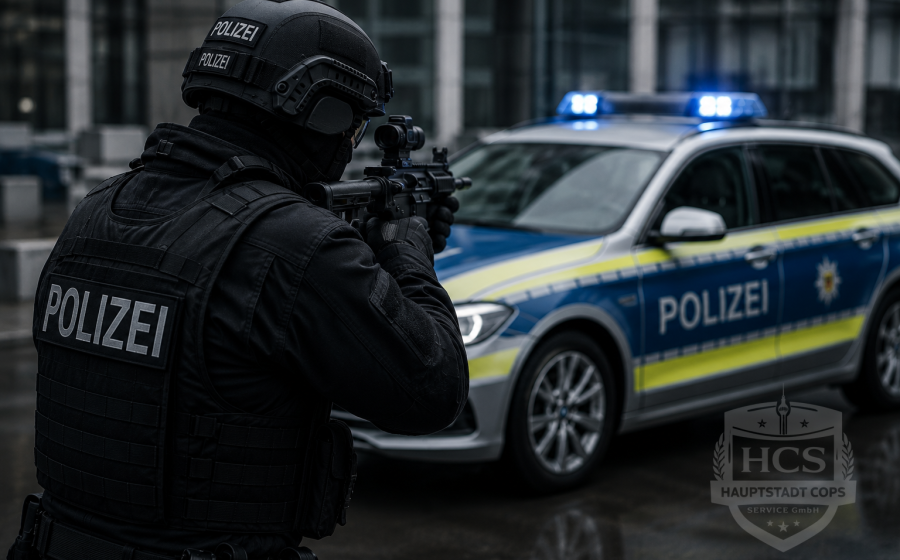Polizeibeamter in Schutzausrüstung geht hinter einem Streifenwagen in Deckung