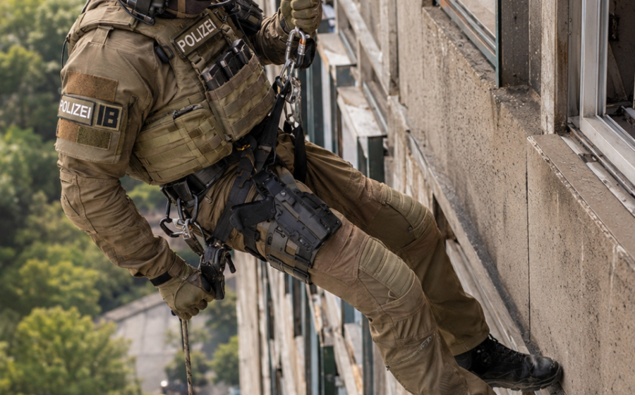 Polizeibeamtin in taktischer Schutzausrüstung seilt sich an einer Hausfassade ab