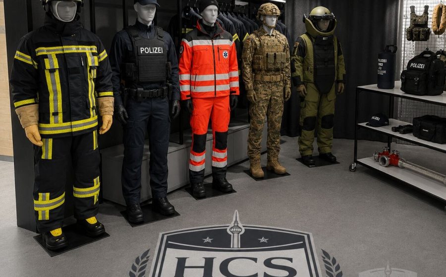 Uniformen von Feuerwehr, Polizei, Rettungsdienst und Bundeswehr auf Schaufensterpuppen